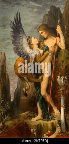 ©Active Museu/MAXPPP - ActiveMuseum 0000845.jpg / Oedipe et le Sphinx, 1864 - Gustave Moreau - Oedipus and the Sphinx 1864 - / Gustave Moreau / Peinture Active Museum / Le Pictorium Altes Griechenland, Conindrum, Tod, Schlucht (tiefe Schlucht) ,Grieche, Mann, bedrohlicher Himmel, Berg, Mythologie, Robe, Felsen (Stein), Speer, Sphinx, Symbolismus, Vertikal, Flügel (Tier), Frau, Junge, Ödipus, 19. Jahrhundert, Gustave Moreau, Malerei, Stockfoto