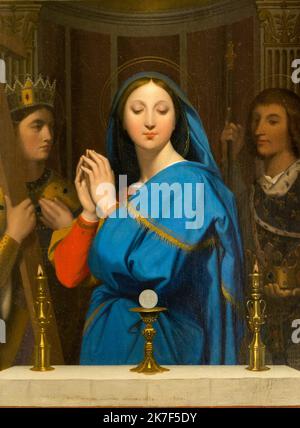 ©Active Museu/MAXPPP - ActiveMuseum 0000855.jpg / La Vierge Adorant l'Hote, 1852 - Jean-Auguste-Dominique Ingres - The Virging Adoring the Host 1852 - / Jean-Auguste-Dominique Ingres / Peinture Active Museum / Le Pictorium Anbetung ,Altar ,Aureola (Religion) ,Katholische Religion ,Krone ,König ,Mann ,Maria (Mutter Jesu) ,Neoklassizismus ,Gebet ,Vertikal ,Jungfrau ,Frau ,19. Jahrhundert ,Jean-Auguste-Dominique Ingres ,Malerei , Stockfoto