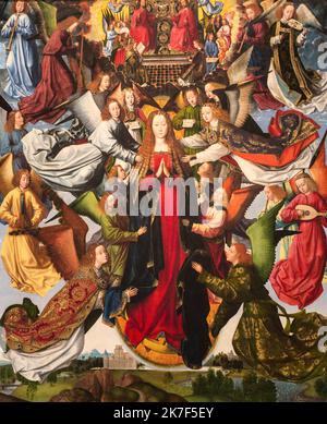 ©Active Museu/MAXPPP - ActiveMuseum 0000879.jpg / Marie, reine du Paradis, Vers 1490 - Maitre de la Legende de Sainte Lucie - Mary, Queen of Heaven 1490 - / Maitre de la Legende de Sainte Lucie / Marie, reine du Paradis, Vers 1490 - Maitre de la Legende de Sainte Lucie - Mary Active Museum / Le Pictorium Angel ,Himmelfahrt Mariens ,frühniederländische Malerei ,Himmel ,Musik ,Musiker ,Gebet ,Königin ,Himmel ,Streichinstrument ,Trompete ,Vertikal ,Frau ,Maria (Mutter von Jesus) ,XV. Jahrhundert ,Meister der Legende der Heiligen Lucy ,? Marie ,reine du Paradis ,Vers 1490 - Maitre de la Legende de Sainte Stockfoto