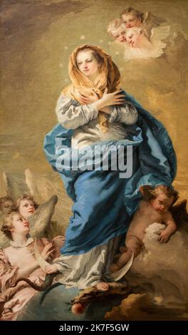 ©Active Museu/MAXPPP - ActiveMuseum 0000925.jpg / L'Immaculee Conception, 1775 - Giovanni Domenico Tiepolo - die Unbefleckte Empfängnis 1775 - / Giovanni Domenico Tiepolo / Peinture Active Museum / Le Pictorium Angel, Cherub, Cloud, Design (konstruieren), Globus, Himmel, Unbefleckte Empfängnis, Rokoko-Stil, Schal, Himmel, Schlange, Vertikal, Jungfrau, Frau, Maria (Mutter von Jesus) ,18. Jahrhundert ,Giovanni Domenico Tiepolo ,Malerei , Stockfoto