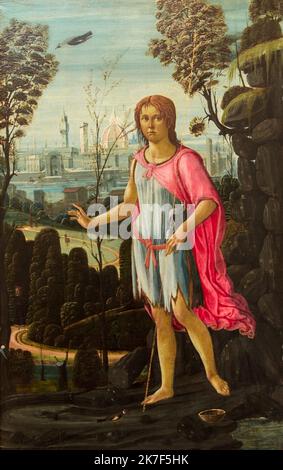 ©Active Museu/MAXPPP - ActiveMuseum 0000953.jpg / Saint Jean le Baptiste, 1480 - Jacopo Del Sellaio - Saint John the Baptist 1480 - / Jacopo Del Sellaio / Saint Jean le Baptiste, 1480 - Jacopo Del Sellaio - Saint John the Baptist Active Museum / Le Pictorium Vogel, Segen, katholische Religion, Stadt, Natur, Renaissance, Straße, Felsen (Stein), Heiliger, Baum, Vertikal, Heiliger Johannes der Täufer, XV Jahrhundert, Jacopo Del Sellaio,? Saint Jean le Baptiste ,1480 - Jacopo Del Sellaio - Saint Johannes der Täufer ? , Stockfoto