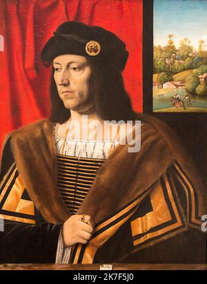 ©Active Museu/MAXPPP - ActiveMuseum 0000971.jpg / Portrait d'un Gentleman, 1520 - Bartolomeo Veneto - Portrait eines Gentleman 1520 - / Bartolomeo Veneto / Peinture Active Museum / Le Pictorium Mantel, Vorhang, Pelz, Gentelman, Gentleman, Hut, Langhaar, Mann, Portrait, Renaissance, Vertikal, 16. Jahrhundert Malerei, Bartolomeo Veneto, Stockfoto