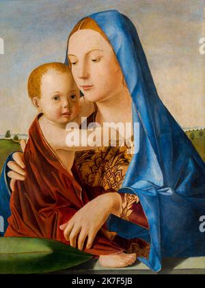 ©Active Museu/MAXPPP - ActiveMuseum 0000979.jpg / La Vierge et l'Enfant, 1475 - Antonello da Messina - Madonna mit Kind 1475 - / Antonello da Messina / La Vierge et l'Enfant, 1475 - Antonello da Messina - Aktives Museum der Madonna mit Kind / Le Pictorium Baby, blauer Himmel, katholische Religion, Kind, Kissenbezug, Renaissance, Vertikal, Jungfrau und Kind, Frau, Jesus Christus, Maria (Mutter Jesu), XV. Jahrhundert, Antonello da Messina,? La Vierge et l'Enfant ,1475 - Antonello da Messina - Madonna mit Kind ? , Stockfoto