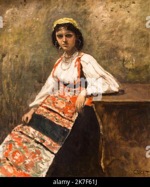 ©Active Museu/MAXPPP - ActiveMuseum 0001063.jpg / Fille Italienne, 1872 - Jean-Baptiste-Camille Corot 1872 - / Jean-Baptiste Camille Corot / Peinture Active Museum / Le Pictorium Kleid, Ohrring, Augen, Mädchen, Italienisch, italienisches Mädchen, Juwel, Halskette, Realismus, Romantik, Vertikal, Frau, Europa, Italien, Westeuropa, Malerei 19. Jahrhundert, Jean-Baptiste-Camille Corot, Stockfoto