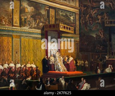 ©Active Museu/MAXPPP - ActiveMuseum 0001099.jpg / Le Pape Pie VII dans la Chapelle Sixtine, 1814 - Jean-Auguste-Dominique Ingres - Papst Pius VII in der Sixtinischen Kapelle 1814 - / Jean-Auguste-Dominique Ingres / Peinture Active Museum / Le Pictorium Bishop ,Katholische Religion ,Kapelle ,Wache ,Horizontal ,Neoklassizismus ,Malen ,Malen ,Papst ,Gebet ,Religiöses ,Sitzen (Zu sein), Thron, Europa, Sixtinische Kapelle, Vatikanstadt, Westeuropa, Pius VII., 19.. Jahrhundert, Jean-Auguste-Dominique Ingres, Stockfoto