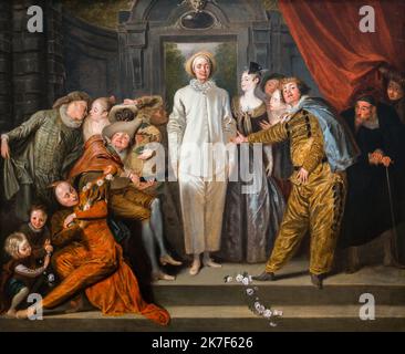 ©Active Museu/MAXPPP - ActiveMuseum 0001086.jpg / Comediens Italien, 1720 - Antoine Watteau - italienische Komiker 1720 - / Antoine Watteau / Peinture Active Museum / Le Pictorium Schauspieler (Synonym) ,Komödie ,Commedia dell'Arte ,Kostüm ,Vorhang ,Blume ,Harlekin ,Horizontal ,Italienisch ,Jester ,Mann ,Musiker ,Pierrot ,Rokoko Stil ,Szene des Lebens ,Treppe ,Theater(Ort) ,Theater(Show) ,Frau ,18. Jahrhundert ,Antoine Watteau ,Malen , Stockfoto