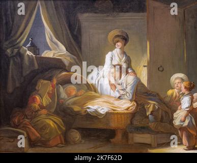 ©Active Museu/MAXPPP - ActiveMuseum 0001095.jpg / La Visite de la Nourrice, 1775 - Jean Honore Fragonard - der Besuch des Kindergartens 1776 - / Jean Honore Fragonard / Peinture Active Museum / Le Pictorium Schlaf, Baby, Nachttisch, Katze, Brust, Kind, Wiege, Vorhang, Horizontal, Lampe, Mann, Kindergarten, Alte Frau, Rokoko-Stil, Zimmer, zu besuchen, Frau, 18. Jahrhundert, Jean Honore Fragonard ,Malen , Stockfoto