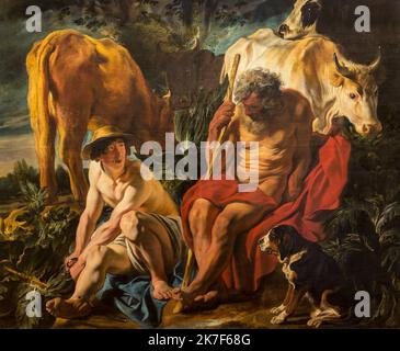 ©Active Museu/MAXPPP - ActiveMuseum 0001350.jpg / Mercure et Argus, 1620 - Jacob Jordaens 1620 - / Jacob Jordaens / Peinture Active Museum / Le Pictorium Baroque, Kuh, Hund, Wache, Horizontal, Mythologie, Alter Mann, römische Mythologie, Stock, junger Junge, Argus, Merkur, 17. Jahrhundert, Jacob Jordaens, Malerei, Stockfoto