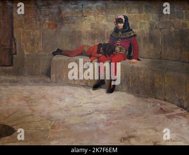 ©Active Museu/MAXPPP - ActiveMuseum 0001462.jpg / Les Otages, 1896 - Jean Paul Laurens 1896 - / Jean-Paul Laurens / Peinture Active Museum / Le Pictorium Akademische Kunst, Horizontal, Geisel, liegend, sitzend (zu sein), Steinmauer, 19. Jahrhundert, Jean-Paul Laurens, Malerei, Stockfoto