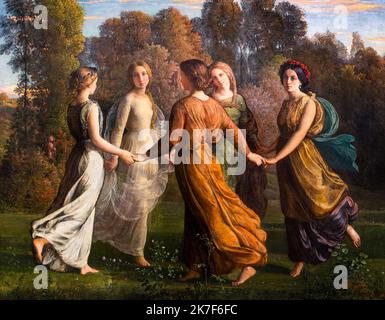 ©Active Museu/MAXPPP - ActiveMuseum 0001470.jpg / Le Poeme de l'ame, Rayon de Soleil, Vers 1850 - Louis Janmot 1850 - / Louis Janmot / Peinture Active Museum / Le Pictorium Wolkenverhangener Himmel, Kleid, Wald, Horizontal, Natur, Gedicht, Sonnenstrahl, Re-Raphaelites, Romantik, Symbolismus, zum Tanzen, Frau, 19. Jahrhundert, Louis Janmot, Malerei, Stockfoto