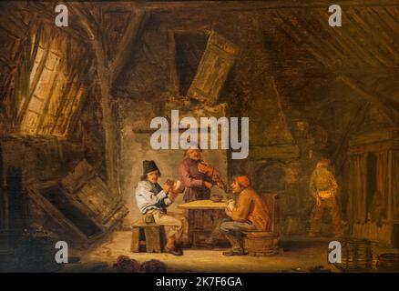 ©Active Museu/MAXPPP - ActiveMuseum 0001530.jpg / Interieur de Chaumiere avec un Violoneux, Vers 1650 - Pieter Hermansz 1650 - / Pieter Hermansz / Peinture Active Museum / Le Pictorium Barrel, Bank, Keller, Hütte, Tür, Holländisch, Rahmen, Horizontal, Haus, Mittelalter, Musik, Renaissance, Sitzen (zu sein) ,Tisch, traditionelle Musik, Violonist, 17. Jahrhundert, Pieter Hermansz, Malerei, Stockfoto