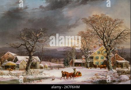 ©Active Museu/MAXPPP - ActiveMuseum 0001535.jpg / The Half-Way House, 1861 - George Henry Durrie 1861 - / George Henry Durrie / Peinture Active Museum / Le Pictorium Wolkenverhangener Himmel, Land, Landschaft, Bauernhof, Horizontal, Pferd, Haus, Landschaft, Berg, Ox, Rodeln, Schlitten, Schnee, Baum, Winter, 19. Jahrhundert, George Henry Durrie, Malerei, Stockfoto