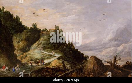 ©Active Museu/MAXPPP - ActiveMuseum 0001569.jpg / Paysage de Montagne, Vers 1600 - Joos de Momper II 1600 - / Joos de Momper II / Peinture Active Museum / Le Pictorium Zitadelle, wolkiger Himmel, Niederländisch, Flamingo, Wald, Festung, Gletscher, Horizontal, Landschaft, Berg, Renaissance, Straße, Fels (Stein), Reisender, Baum, 17. Jahrhundert, Joos de Momper II, Malerei, Stockfoto