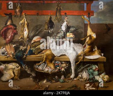 ©Active Museu/MAXPPP - ActiveMuseum 0001591.jpg / Table de Cuisine avec gibier et legumes, Vers 1630 - Frans Snyders 1630 - / Frans Snyders / Peinture Active Museum / Le Pictorium Vogel, Küste, Kochen, Hund, niederländische Renaissance, flämische Malerei, Essen, Spiel, Gans, Hase, Horizontal, Jagd, Fleisch, Pfau, Fasan, Stillleben (Zusammensetzung), Tisch, Gemüse (Nahrung), 17. Jahrhundert, Frans Snyders, Malerei, Stockfoto