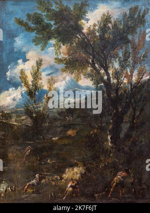 ©Active Museu/MAXPPP - ActiveMuseum 0001592.jpg / Paysage avec figures au Bord d'un lac, vers 1730 - Alessandro Magnasco 1730 - / Alessandro Magnasco / Peinture Active Museum / Le Pictorium Acacia, Bather, Charakter, Landschaft, Mann, Berg, Plan des Wassers (See, Teich) ,Rokoko-Stil, Baum, Vertikal, Frau, 18. Jahrhundert, Alessandro Magnasco, Malerei, Stockfoto