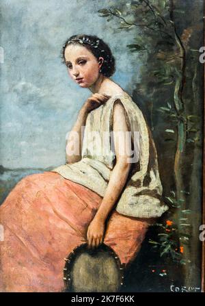 ©Active Museu/MAXPPP - ActiveMuseum 0001631.jpg / Zingara au Tambour de Basque, Vers 1870 - Camille Corot Huile sur Toile 1870 - / Camille Corot / Peinture Active Museum / Le Pictorium 1 Personen, Böhmisch, brünett, Trommel, Außen, Grüne Augen, Zigeuner, Haare gebunden zurück, Porträt, Profil, sitzen (Verb), Baum, vertikal, Frau, junge Frau, Baskenland(), 19. Jahrhundert, Camille Corot, Malerei, Stockfoto