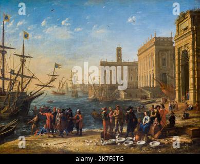 ©Active Museu/MAXPPP - ActiveMuseum 0001897.jpg / Vue d'un Port avec le Capitole, 1636 - Claude Gellee dit Claude Lorrain Cette vue romaine et son Pendant, la Vue du Campo Vaccino, sont les seuls exemples chez Claude Lorrain d'une paire de tableaux consacres l'un aux edifices Antiquitäten, l'autre aux edifices modernes de la ville eternelle. Peinture a l'huile sur toile 1636 - / Claude Gellee (Le Lorrain) / Peinture Active Museum / Le Pictorium Antique, blauer Himmel, Boot, Gebäude (), Truhe, Menschenmenge, Gerichte, Galeone, Gruppe, Hafen, Horizontal, Mann, modern, Denkmal, Segelboot, Verkäufer, sitzen (zu sein) Stockfoto