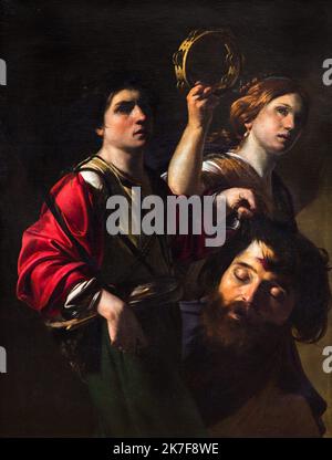 ©Active Museu/MAXPPP - ActiveMuseum 0002175.jpg / Le Triomphe de David sur Goliath Huile sur toile 1615 - / Bartolomeo Manfredi / Peinture Active Museum / Le Pictorium 3 Personen, biblisch, geschnitten (zu), geschnitten Kopf, abgeschnitten Kopf, enthauptet, Gesicht, Haar, Kopf in der Hand, Musik, Musiker, Religion, Sistrum, Tambourine, Triumph, Vertikal ,David ,Goliath ,Bartolomeo Manfredi ,Malerei , Stockfoto