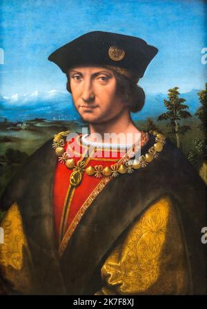 ©Active Museu/MAXPPP - ActiveMuseum 0002200.jpg / Portrait de Charles II d'Amboise - d'apres Andrea di Bartolo, dit Solario 1500 - / Anonyme / Peinture Active Museum / Le Pictorium Charles II d'Amboise, Figurative Malerei, Gouverneur, Hut, Ritter, Herr des Herrenhauses, Mann, Marechal, Portrait, Vertikal, 16. Jahrhundert, Anonym, Malerei, Stockfoto