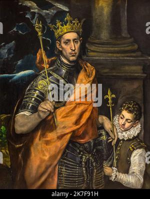 ©Active Museu/MAXPPP - ActiveMuseum 0002266.jpg / Saint Louis (Louis IX), roi de France et un page 1590 - / El Greco / Peinture Active Museum / Le Pictorium Armor, Kind, Krone, figürliche Malerei, Geschichte, König, König von Frankreich, Louis IX, Orange (Farbe), Seite, Saint, Zepter, St. Louis, Vertikal, Saint Louis (Religion), 16. Jahrhundert, El Greco, Malerei, Stockfoto