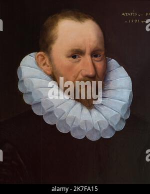 ©Active Museu/MAXPPP - ActiveMuseum 0002844.jpg / Portrait d'Homme avec une fraise 1580 - / Adriaen Thomas Key / Peinture Active Museum / Le Pictorium 1 Person, schwarz, bürgerlich, Kragen, dunkeläugig, Gesicht auf, faires Haar (blond), Männerkostüm, Mann, von edler Geburt, Porträt, roter Bart, rotes Haar, Ruff, Ruff (), vertikal, Renaissance ,Adriaen Thomasz Key ,Malerei , Stockfoto