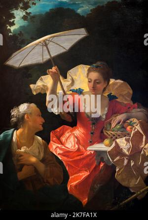 ©Active Museu/MAXPPP - ActiveMuseum 0002862.jpg / Vertumne et Pomone Huile sur toile 1710 - / Jean Ranc / Peinture Active Museum / Le Pictorium 2 Personen, Aussehen (sieht aus), Apfel, Schönheit, blauer Himmel, braunes Haar, zart, Kleid, Wald, Obstkorb, Garten, Gartentisch, Göttin, Anmut (Eleganz), griechischer gott, Haare gebunden zurück, Hand Am Herzen, überkreuzte Hände, mythologische Szene, Nymphe, Alte Frau (), Orange (Farbe), Birne, römische Mythologie, Regenschirm, Vertikal, weißhaarig, Wein, Frau, Pomona, Vertumnus, 17.. Jahrhundert, Jean Ranc, Malerei, Stockfoto