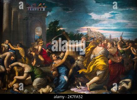 ©Active Museu/MAXPPP - ActiveMuseum 0002912.jpg / Le Massacre des Innocents 1600 - / Ippolito Scarsella / Peinture Active Museum / Le Pictorium Baby, Catholic (adj und Substantiv), Katholizismus, Christian, Christentum (Religion), Menschenmenge, Tote, figürliche Malerei, Horizontale, Kindestroide, Unschuldige, Mann, Massaker, Mord, Religion, Malerei, Gewalt, Frau, 17. Jahrhundert, Scarsellino Stockfoto