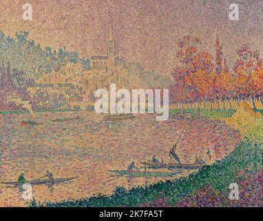 ©Active Museu/MAXPPP - ActiveMuseum 0002949.jpg / Saint-Cloud 1900 - / Paul Signac / Peinture Active Museum / Le Pictorium Apartmentgebäude, Bogengang, Herbstliches, Bank, Barge, Brücke, Kanu, Kirche, Dock, Flagge, Kraut, Horizontal, See, Rasen, Freizeit, Massentourismus, Ruder, Fluss, Szene des Lebens, Rauch (), Dampfschiff, Spaziergang, die Ufer des Flusses Seine, Tourismus, Tourist, Viadukt, Besucher, Europa, Frankreich, Hauts-de-seine, Ile-de-France (Region), Paris, Saint-Cloud (Stadt), Westeuropa, 19. Jahrhundert, Paul Signac, Malerei, Stockfoto