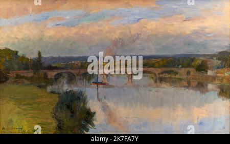 ©Active Museu/MAXPPP - ActiveMuseum 0003013.jpg / La seine a Maison Laffitte 1898 - / Albert Lebourg / Peinture Active Museum / Le Pictorium Barge, blauer Himmel, Brücke, Wolke, französische Gemeinde, grüne Landschaft, Kraut, Horizontal, Haus, Motorboot, friedlich, Ort von Interesse, Fluss, Einfamilienhaus, Rauch (), die seine, Baumdorf, Wasser (Element), seine (die), 19. Jahrhundert, Albert Lebourg, Malerei, Stockfoto