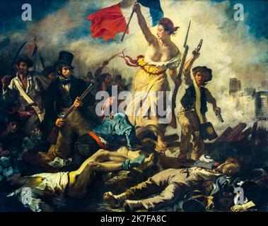 ©Active Museu/MAXPPP - ActiveMuseum 0003137.jpg / Le 28 juillet 1830 : La Liberte guidant le peuple, Vers 1830 - Eugene Delacroix - Hule sur toile 1830 - / Eugene Delacroix / Peinture Active Museum / Le Pictorium Blue, Körper (Karkasse), Kind, Bürgerkrieg, Menschenmenge, Tote, Tod, Feuerwaffe, Flagge, Französische Revolution (die), Französische Frau, Gruppe, Horizontale, Mann, Rot, Gewehr, Gewalt, Gewalt, Waffe, Weiße, Frau, 19.. Jahrhundert ,Eugene Delacroix ,Malerei , Stockfoto