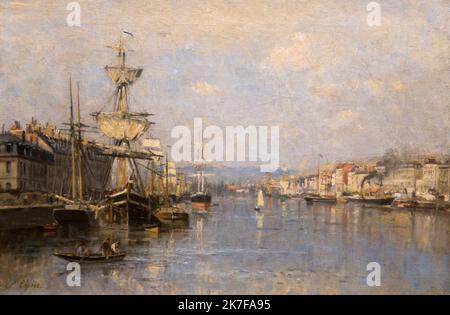 ©Active Museu/MAXPPP - ActiveMuseum 0003205.jpg / Le Port de Rouen, Vers 1880 - Stanislas Lepine 1880 - / Stanislas Lepine / Peinture Active Museum / Le Pictorium Appartementgebäude, Barge, Daily Life Scene, Dock, französische Gemeinde, Gallion, Hafen, Horizontal, Maritime Szene, Fluss, Segelboot, Seeseite, seine (die), kleines Boot, Europa, Frankreich, Normandie, Rouen, seine-Maritime, obere Normandie, Westeuropa, 19. Jahrhundert ,Stanislas Lepine ,Malerei , Stockfoto