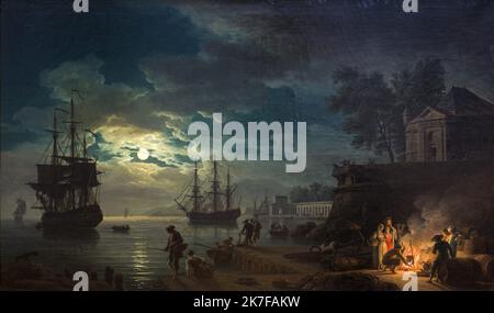 ©Active Museu/MAXPPP - ActiveMuseum 0003359.jpg / La nuit, un Port de mer au clair de lune 1771 - / Joseph Vernet / Peinture Active Museum / Le Pictorium Anchor, Barrel, Gebäude (Bau), ruhiges Meer, Kessel, Kanal, Klippe, Wolke, Kochtopf, tägliche Szene, Abendessen, Dock, Fischer, Fischernetz, Angelrute, Float, Galeone, Gruppe, Hafen, Horizontal, Haus, Jar, Mann, Maritime Szene, Mahlzeit, Mond, Mondlicht, Nachtszene, Schwangerschaft, schwanger, Seil, Segelboot, Seeslandschaft, Schiff, kleines Boot, Rauch (), Baum, Frau, Holzfeuer, 18. Jahrhundert, Joseph Vernet, Malerei, Stockfoto