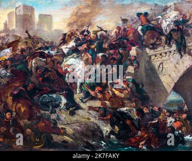 ©Active Museu/MAXPPP - ActiveMuseum 0003335.jpg / Bataille de Taillebourg gagnee par Saint Louis Huile sur toile 1837 - / Eugene Delacroix / Peinture Active Museum / Le Pictorium Archway, Armee, Schlacht, Schlachtfeld, Brücke, Konflikt, Menge, Englisch, Französisch, Französisch Gemeinde, Horizontal, Pferde, König von Frankreich, Mann, Bauer, Fluss, Soldat, Speer, Schwert Triumph, Sieg, Waffe, Charente-Maritime (französisches Departement), Europa, Frankreich, Poitou-Charentes, Taillebourg, Westeuropa, Louis IX, St. Louis, 19. Jahrhundert, Eugene Delacroix, Malerei, Stockfoto