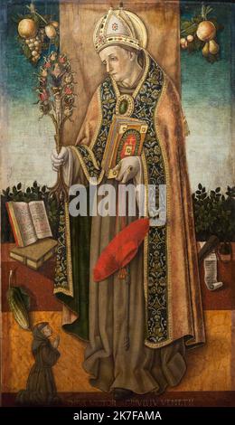 ©Active Museu/MAXPPP - ActiveMuseum 0003608.jpg / Saint Bonaventure Pächter l'arbre de la Redemption 1480 - / Vittorio Crivelli / Peinture Active Museum / Le Pictorium 2 Personen, Erzbischof, Bibel, biblische Szene, Kap, Kardinal, Soutane, katholische Religion, christliche Religion, christliche Theologie, Christentum ,Christentum (Religion) ,Kirche ,Cowl (Tuch) ,Verdammnis ,würde ,kirchlich ,Gesicht auf ,Frucht ,Gold (Edelmetall) , Handgeschrauben , Hut , Mann , Mann des Glaubens , Miniatur , Mitre , Mönch , geöffnetes Buch , Ornament , im Freien , Pflanze , beten (zu) , Edelstein , Rot ,Erlösung ,Freigabe ,Religiöse sce Stockfoto