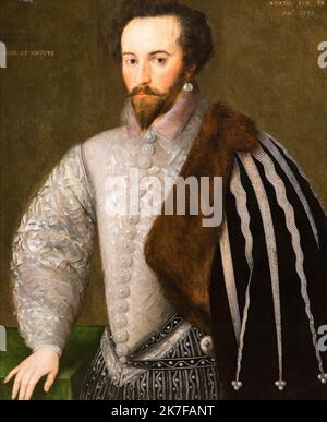 ©Active Museu/MAXPPP - ActiveMuseum 0003640.jpg / Sir Walter Ralegh, poete, soldat, explorateur et favori de Elisabeth I, 1588 - artiste inconnu 1588 - / Peinture Active Museum / Le Pictorium 1 Personen, blaue Augen, Bourgeois, Armband, braune Haare, Knopf, Cape, Zeremonialkostüm, Brust, Kragen, Courtier, Ohrring, Explorer, Gesicht auf, Favorit, Pelz, Ziege (Bart), Grün, luxuriös, Mann, Perlmutt, Adel, von edler Geburt, alte Jacke, Outfit, Perle Periode Kostüme ,Poet, Portrait, Queen of England, Soldat, steif, Schwert, Tisch, Tischdecke in Stoff, vertikal, Taille auf, Elizabeth I. von Engl Stockfoto