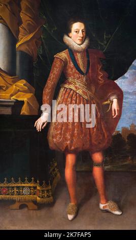 ©Active Museu/MAXPPP - ActiveMuseum 0003713.jpg / le ROI Charles I, prince de Galles vers 1620 - artiste inconnu 1620 - / Peinture Active Museum / Le Pictorium 1 Personen, Zeremonialkostüm, Wolke, Spalte, Zählung, Vorhang, Stickerei, Gesicht auf, in voller Länge (Porträt), Gold (Farbe), Grün, Grüne Landschaft, Haus, Innere Szene (), Königreich, luxuriös, Mann, Medaille, Adel, von edler Geburt, Outfit, Periode Kostüme ,Porträt, kostbarer Stoff, Prinz von Wales, Rot, Ruff, Ruff (), weiche Einrichtung, Schwert, Tisch, Tischdecke in Stoff, Strumpfhosen, Baum, Samt, Vertikal, Europa, Vereinigtes Königreich, Wales, Wester Stockfoto