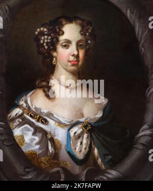 ©Active Museu/MAXPPP - ActiveMuseum 0003734.jpg / La reine Catherine de Braganza, epouse de Charles II,1670 - Atelier de Jacob Huysmans 1670 - / Jacob Huysmans / Peinture Active Museum / Le Pictorium 1 Personen, braunes Haar, Brust, Locken, Torweg (Rahmen), Dynastie, Dynastie der Bragance, Ohrring, Eleganz, bestickter Stoff, Gesicht auf, Gold (Edelmetall), Grace (Eleganz), Haare, Haus der Bragance, Juwel, König von England, Low-Cut, Adel, von edler Geburt, Outfit, Perlenkette, Fotostudio, Porträt, Portugal, Edelstein, Prinzessin, Königin, Königin von England, Königin von Irland, Königin von Schottland Stockfoto