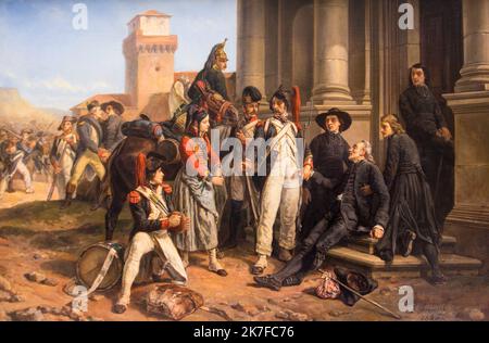 ©Active Museu/MAXPPP - ActiveMuseum 0006145.jpg / Soldats de l'armee d'Italie Assistant des pretres francais emigres 1855 - / Jean Sorieul / Peinture Active Museum / Le Pictorium Armee, Gebäude (), Kirche, Gruppe, Horizontal, Pferde, Männer, Offizielles Kleid, Priester, Soldat, Gewand, Frauen, Europa, Italien, Westeuropa, 19. Jahrhundert, Jean Sorieul, Malerei, Stockfoto