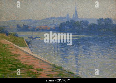 ©Active Museu/MAXPPP - ActiveMuseum 0006203.jpg / Rouen, ile Lacroix, cours la reine / Charles Frechon / Peinture Active Museum / Le Pictorium Charakter , Stadt , wolkiger Himmel , Hügel , Horizontal , Impressionismus , Straße , Ruderboot , ländliche Landschaft , Schattierungen von Blau , die Ufer der seine , Europa , Frankreich , Normandie , Rouen , seine-Maritime , Obere Normandie , Westeuropa , 19. Jahrhundert , Charles Frechon , Malerei , Stockfoto