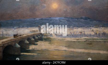 ©Active Museu/MAXPPP - ActiveMuseum 0006208.jpg / La neige en Auvergne 1886 - / Albert Lebourg / Peinture Active Museum / Le Pictorium Brücke, Caballero, wolkiger Himmel, Horizontal, Haus, Impressionismus, Ebene, Fluss, Blautöne, Schnee, Sonne, winterliche Landschaft, Auvergne, Europa, Frankreich, Westeuropa, 19. Jahrhundert, Albert Lebourg, Malerei, Stockfoto