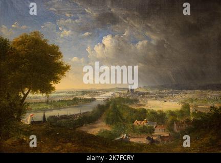 ©Active Museu/MAXPPP - ActiveMuseum 0006217.jpg / Vue de Rouen Pry de la cote Saint-Catherine / Charles-Marie Bouton / Peinture Active Museum / Le Pictorium City ,Besteck ,Wald ,Horizontal ,Haus ,Landschaft ,Regen ,Fluss ,Straße ,Sonnenuntergang ,Baum ,Europa ,Frankreich ,Normandie ,Rouen ,seine-Maritime ,Obere Normandie ,Westeuropa ,19. Jahrhundert ,Charles-Marie Bouton ,Malerei , Stockfoto