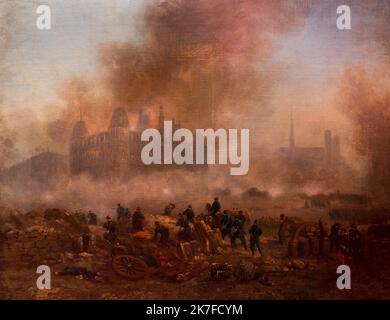 ©Active Museu/MAXPPP - ActiveMuseum 0006414.jpg / L'Hotel de Ville incendie, attaque des Truppes versaillaises, Mai 1871 / Gustave Boulanger / Peinture Active Museum / Le Pictorium Barrel, Rathaus, Wolkenverhangener Himmel, Tote, Kämpfe, Feuer, Horizontale, Verletzte, Landschaft, Rauch (), Soldat, Truppe, Waffen, Europa, Frankreich, Ile-de-France (Region), Paris, Paris, 4. Bezirk (4. Arrondissement von Paris) ,Rathaus von Paris ,Westeuropa ,19. Jahrhundert ,Gustave Boulanger ,Malerei , Stockfoto