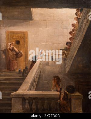 ©Active Museu/MAXPPP - ActiveMuseum 0006432.jpg / La Distribution de lait aux prisenniers de la Prison Saint-Lazare, Hubert Robert. CET Episode de la vie quotidienne de prisenniers fut peint, dit-on, a la demande d'un compagnon de captivite d'Hubert Robert, le futur chancelier Pasquier. Le double effet de perspective et d'eclairage y est particulier remarquable. (1733-1808) / Hubert Robert / Peinture Active Museum / Le Pictorium Eimer, Tür, Milch, ausgestreckter Arm, Treppe, Treppe, vertikal, Wand, Frauen, Europa, Frankreich, Ile-de-France (Region), Paris, 10.. Bezirk Paris (10. Arrondissement Stockfoto