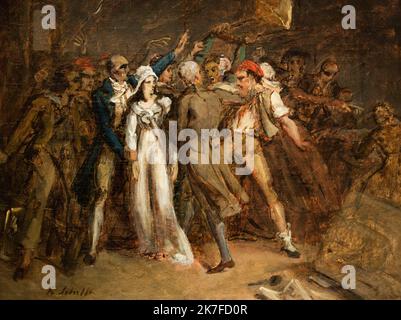 ©Active Museu/MAXPPP - ActiveMuseum 0006459.jpg / L'arrestation de Charlotte Corday (1768-1793) 1830 - / Henry Scheffer / Peinture Active Museum / Le Pictorium Verhaftung, Blaue Jacke, Stirnband, Horizontal, Männer, Menschen, Romantik, Waffe, weißes Kleid, Frau, Charlotte Corday, 19. Jahrhundert, Henry Scheffer, Malerei, Stockfoto