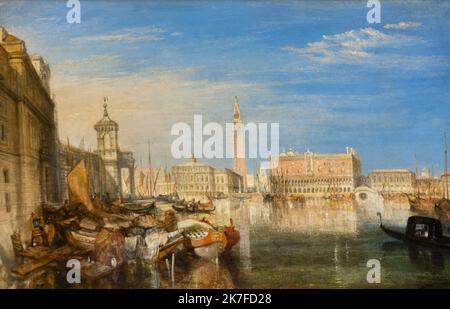 ©Active Museu/MAXPPP - ActiveMuseum 0006495.jpg / Le pont de Sighs, Palais Ducal et Custom-House, de Venise: la peinture de Canaletti, c'est la Premiere vue sur Venise que peignit Turner. Cette peinture est un Hommage a un Grand peintre venicien, Antonio Canaletto, Qui a vecu la dans la Premiere Partie du siecle dernier 1833 - / Joseph Mallord William Turner / Peinture Active Museum / Le Pictorium Blauer Himmel, Boot, Stadt, Gondel, Horizontal, Palast, Portuarlandschaft, Meer, Turm, Tribute, Europa, Italien, Venetien, Venedig, Westeuropa, 19. Jahrhundert, J. M. W. Turner, Malerei, Stockfoto