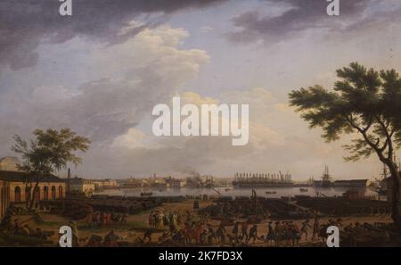 ©Active Museu/MAXPPP - ActiveMuseum 0006549.jpg / Le Pont neuf ou l'Arsenal de Toulon, pris dans l'angle du Parc d'Artillerie 1756 - / Joseph Vernet / Peinture Active Museum / Le Pictorium Brücke, Gebäude (), Cannon, Wolke, wolkiger Himmel, Menge, allgemeine Ansicht, Horizontal, Quadrat, Baum, Stamm (Baum), Europa, Frankreich, Provence-Alpes-Cote d'Azur, Toulon, Var (Abteilung), Westeuropa, 18. Jahrhundert, Joseph Vernet, Malerei, Stockfoto