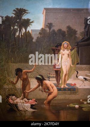 ©Active Museu/MAXPPP - ActiveMuseum 0006583.jpg / Moise sauve des eaux 1885 - / Frederick Goodall / Peinture Active Museum / Le Pictorium Baby, Korb, Palast, Königin, Diener, Sphinx, Vertikal, Seerose, Frauen, Afrika, Ägypten, Naher Osten, Nordafrika, Moses, Königin von Ägypten, 19. Jahrhundert, Frederick Goodall, Malerei, Stockfoto