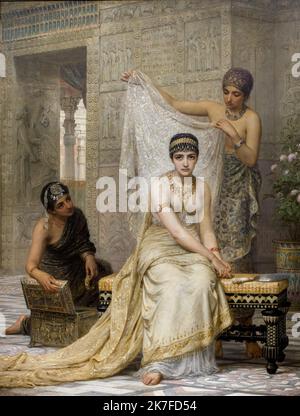 ©Active Museu/MAXPPP - ActiveMuseum 0006593.jpg / La reine Esther 1878 - / Edwin L. Long / Peinture Active Museum / Le Pictorium 3 Personen, voller Schuss, Goldkleid, Trauer-geplagten Blick, Spitze, Netz (Vorhang), Palast, Perlenschmuck, Königin, Romantik, Diener, Vertikal, Frauen, Esther, 19. Jahrhundert, Edwin L. Long, Malerei, Stockfoto