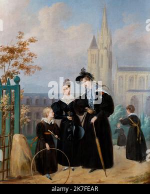 ©Active Museu/MAXPPP - ActiveMuseum 0006640.jpg / Dames Educatrices et eleves de la Maison d'Education de la Legion d'honneur de Saint-Denis sous la Monarchie de Juillet / Ecole Francaise XIX / Peinture Active Museum / Le Pictorium 5 Personen ,Schwarzes Kleid ,Gebäude () ,Kathedrale ,Kind ,Kreis ,Wolkenbedeckter Himmel ,Tor ,Spitze ,Legion Ehre, Schal, Lehrer, Track, Vertikal, Frauen, Frauenhut, Europa, Frankreich, Ile-de-France (Region), Saint-Denis (Pariser Viertel), seine-Saint-Denis, Westeuropa, 19. Jahrhundert, Französische Schule XIXc, Malerei, Stockfoto