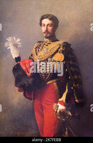 ©Active Museu/MAXPPP - ActiveMuseum 0006619.jpg / Portrait d'Edouard Andre en uniforme des guides de la Garde imperiale / Franz-Xavier Winterhalter / Peinture Active Museum / Le Pictorium Feierliche Kostüm, Close-Medium Shot, Wolke, direkter Blick, Pelzhut, Handschuh, Mann, Medaille, Militäruniform, Unterschrift, Schwert, Dreiviertel-Profil, Edouard Andre, 19. Jahrhundert, Franz-Xavier vertikal Winterhalter, Malerei, Stockfoto